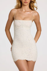 Scalloped-Lace Mini Dress In White