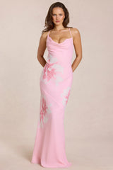 Chiffon Maxi Dress In Pink Floral Print