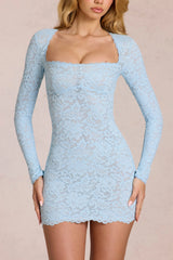 Scalloped-Lace Long-Sleeve Mini Dress In Powder Blue