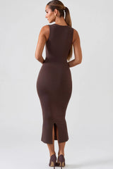 Square Neck Midi Dress In Chocolate Brown