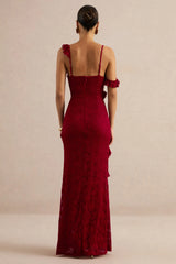Sera | Red Lace Ruffle Trim Maxi Dress