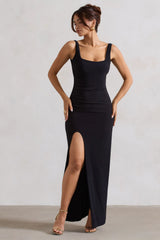 Kate | Black Square Neck Maxi Dress With Plunge Back And Side Thigh Split