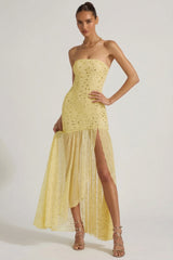 Semi-Sheer Embellished Asymmetric Maxi Dress In Yellow