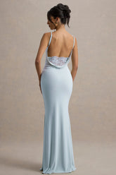 Francoise | Light Blue Cowl Neck Backless Maxi Dress With Lace Insert