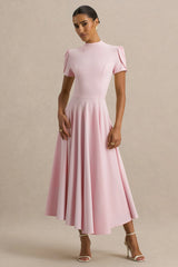 Vicky | Light Pink High Neck Midi Dress With Puff Sleeves