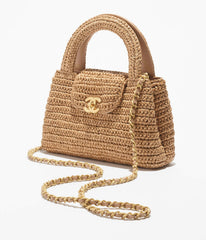 Chanel Mini Shopping Bag Braided Raffia Gold Tone Metal Dark Beige Stylish Knitted Clutch Bag Exquisite Handbag #82382A