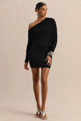 Inoria | Black Asymmetric-Neck Mini Dress