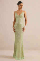 Minna | Sage Sheer Sequin Plunge-Neck Maxi Dress