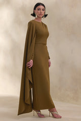 Jovea | Olive Round-Neck Maxi Dress With Cape-Sleeve