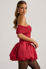 Off-Shoulder Layered Bubble Hem Corset Mini Dress In True Red