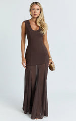 Frances Maxi Dress - Contrast U Neck Godet A Line Dress in Chocolate