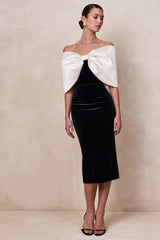 Twilight | Black And White Velvet Bardot-Neck Midi Dress With Oversized Satin Bow
