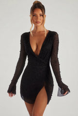 Embellished Wrap Over A-Line Mini Dress In Black
