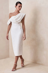 Farvera | White Lace Draped Asymmetric-Neck Midi Dress