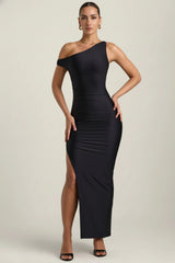 Ruched Asymmetric One-Shoulder Maxi Dress In Black