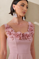 Maelle | Pink Scoop-Neck Midi Dress With Corsage Detailing