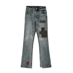 Enfants Riches Deprimes Men's & Women's Four-Season Distressed Patchwork Embroidered Mid-Rise Flared Jeans Casual Solid-Color Denim Pants Ngvp #2715