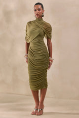 Fleurise | Olive Mesh High-Neck Midi Dress With Short Cape-Sleeves And Gathered-Detailing