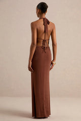 Velia | Brown Extreme Plunge-Neck Semi-Sheer Maxi Dress With Front High Split
