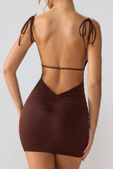 Slinky Jersey Open Back Mini Dress In Espresso