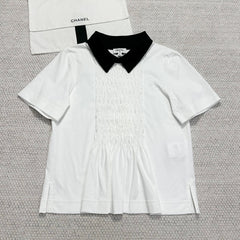 Chanel Women's Spring And Summer Pleated Short Sleeved Color Blocked Lapel Cotton Pullover T-Shirt Top Shirt Ngvp #2593