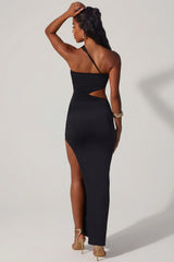 Asymmetric Neckline Ruched Cut Out Maxi Dress In Black