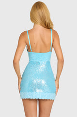 Sequin Lace Mini Dress In Aquamarine
