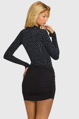Button Front Long-Sleeve Mini Dress In Black Polka Dot