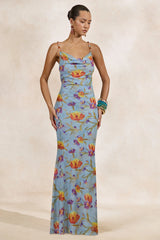 Raisa | Blue Floral Sheer Mesh Cowl-Neck Maxi Dress