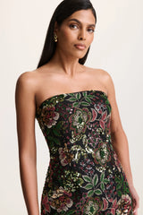 Cora | Winter Floral Embellished Mesh Bandeau Maxi Dress With Scarf