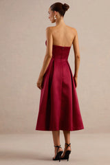 Promises | Red Satin Bandeau-Neck Midi Dress