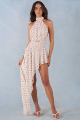Halterneck Asymmetric Maxi Dress In Ivory Polka Dot Print