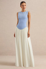 Iliana | Powder Blue And White Crew-Neck Maxi Dress With Drop-Waist And Pleated Skirt