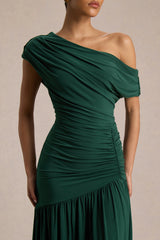 Kady | Dark Green Asymmetric-Neck Maxi Dress With Ruched Detailing