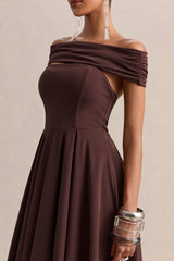Mavina | Brown Bardot-Neck Midi Dress