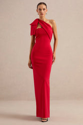 Adara | Red Asymmetric-Neck Maxi Dress With Bow-Detail