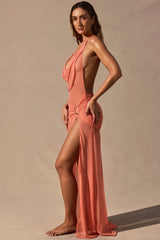 Cowl-Neck Plunge Maxi Dress In Coral