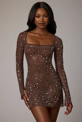 Sheer Embellished Long Sleeve A-Line Mini Dress In Deep Cocoa