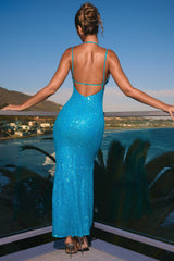 Embellished Cut-Out Halterneck Maxi Dress In Turquoise
