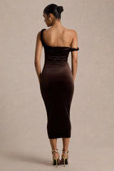 Carella | Brown Velvet Twisted Asymmetric Midi Dress