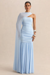 Ivanka | Powder Blue Asymmetric-Neck Maxi Dress With Cape Sleeve