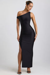 Ruched Asymmetric One-Shoulder Maxi Dress In Black