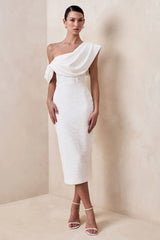 Farvera | White Lace Draped Asymmetric-Neck Midi Dress