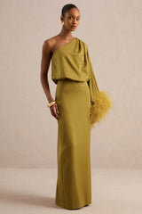 Felicity | Olive Satin Asymmetric-Neck Maxi Dress With Feather Detailing