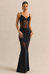 Belvair | Black Satin And Lace Maxi Dress With Draped-Detail