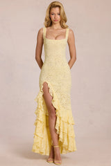 Lace Ruffle Maxi Dress In Lemon Yellow