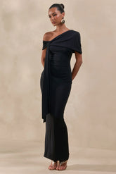 Esalina | Black Asymmetric-Neck Maxi Dress With Sash