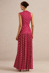 Kelis | Red Polka-Dot High-Neck Maxi Dress With Draped Detailing