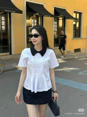 Chanel Women's Spring And Summer Pleated Short Sleeved Color Blocked Lapel Cotton Pullover T-Shirt Top Shirt Ngvp #2593