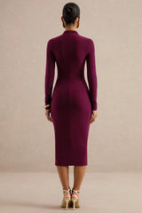 Faylinn | Burgundy High-Neck Midi Dress With Draped Detailing And Front Split